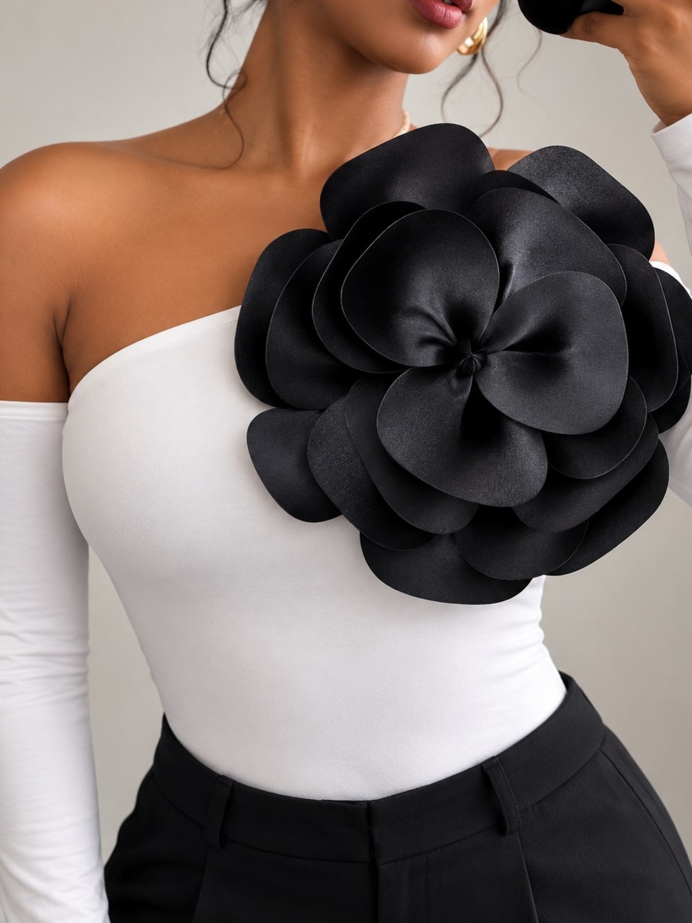 Black Oversized Floral Statement Brooch - Women Accessories